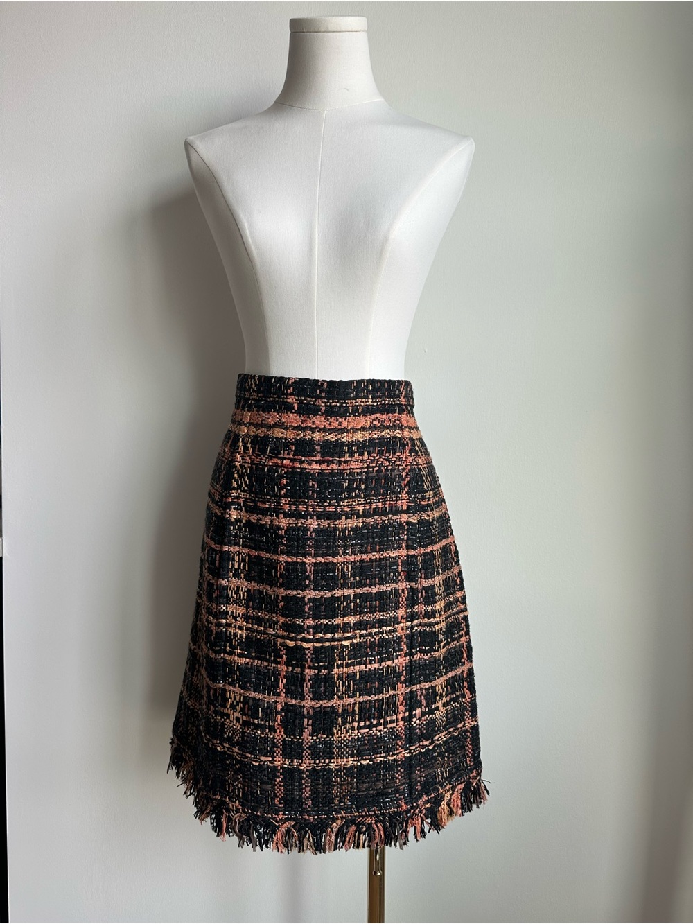 CHANEL Black and Peach Tweed A-Line Skirt with Fringe Hem